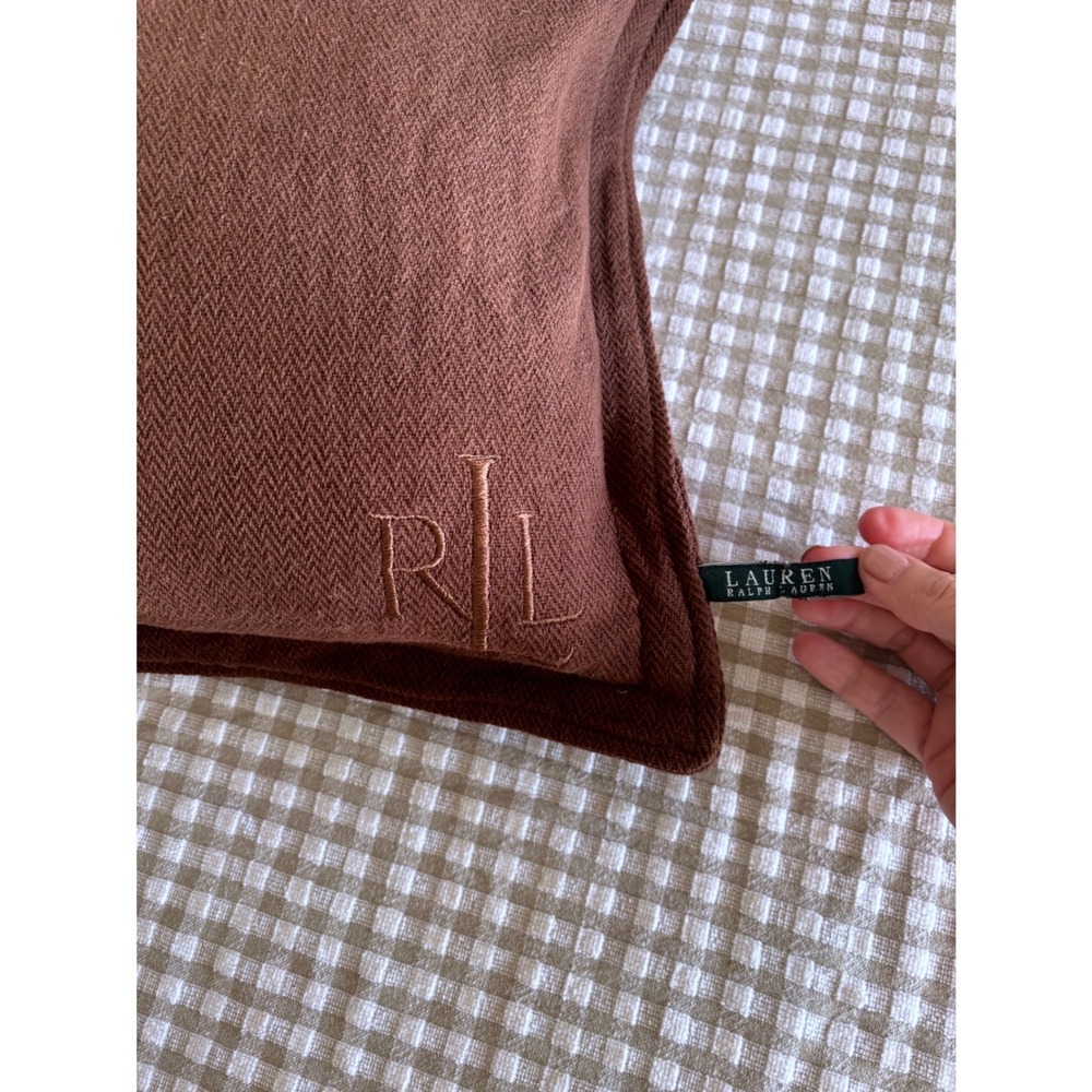Lauren Ralph Lauren Lumbar Pillow 26x15 Herringbone Brown Monogram Logo Cotton